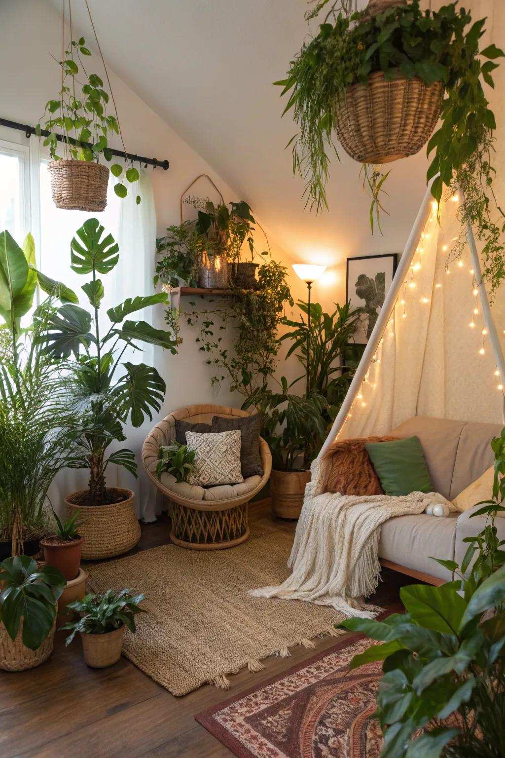 Vegetation adds life and color to the den environment.