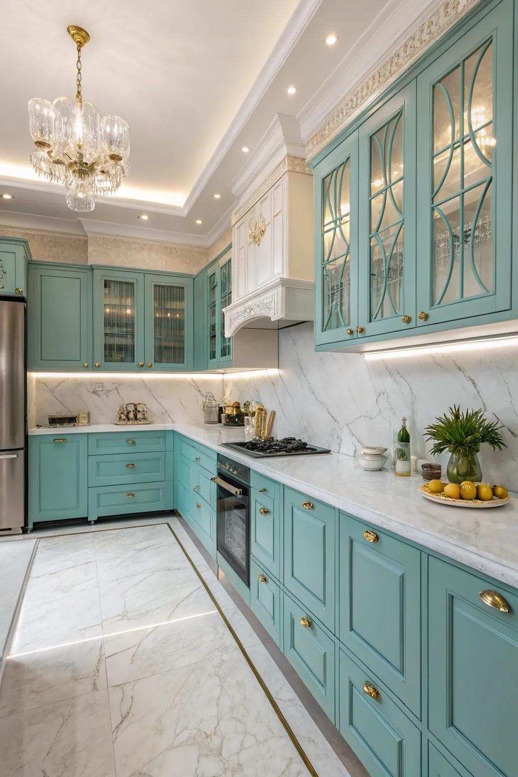 Veined stone countertops delivering a streamlined contrast to robin's egg blue cabinetry.