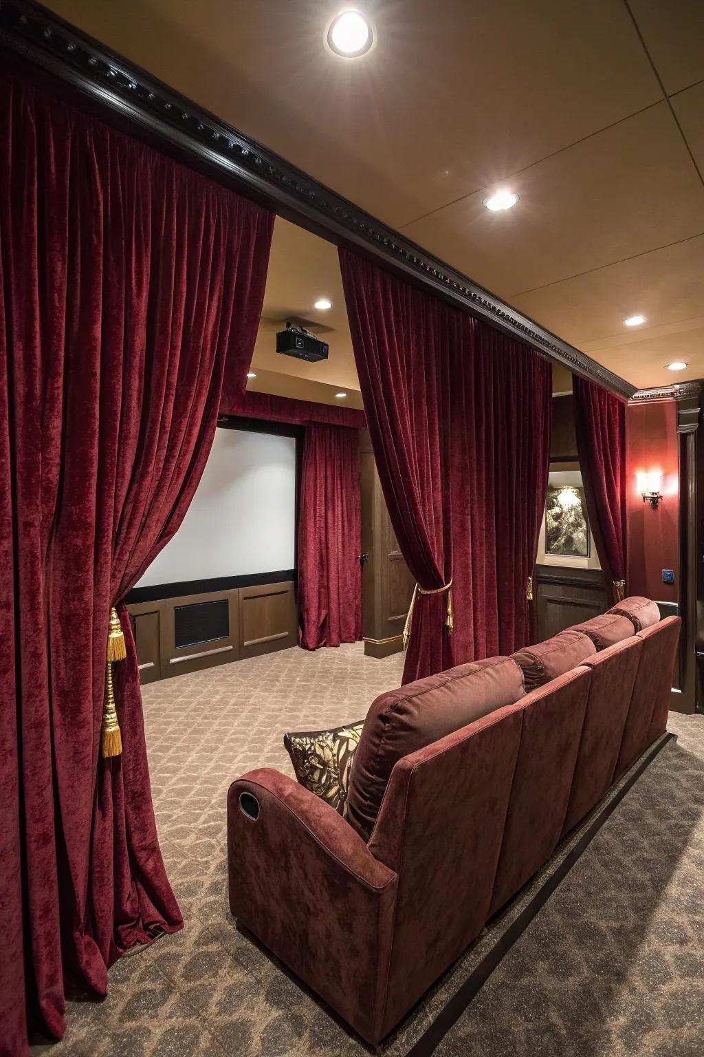 Velvet curtains improving the theater experience through light control.