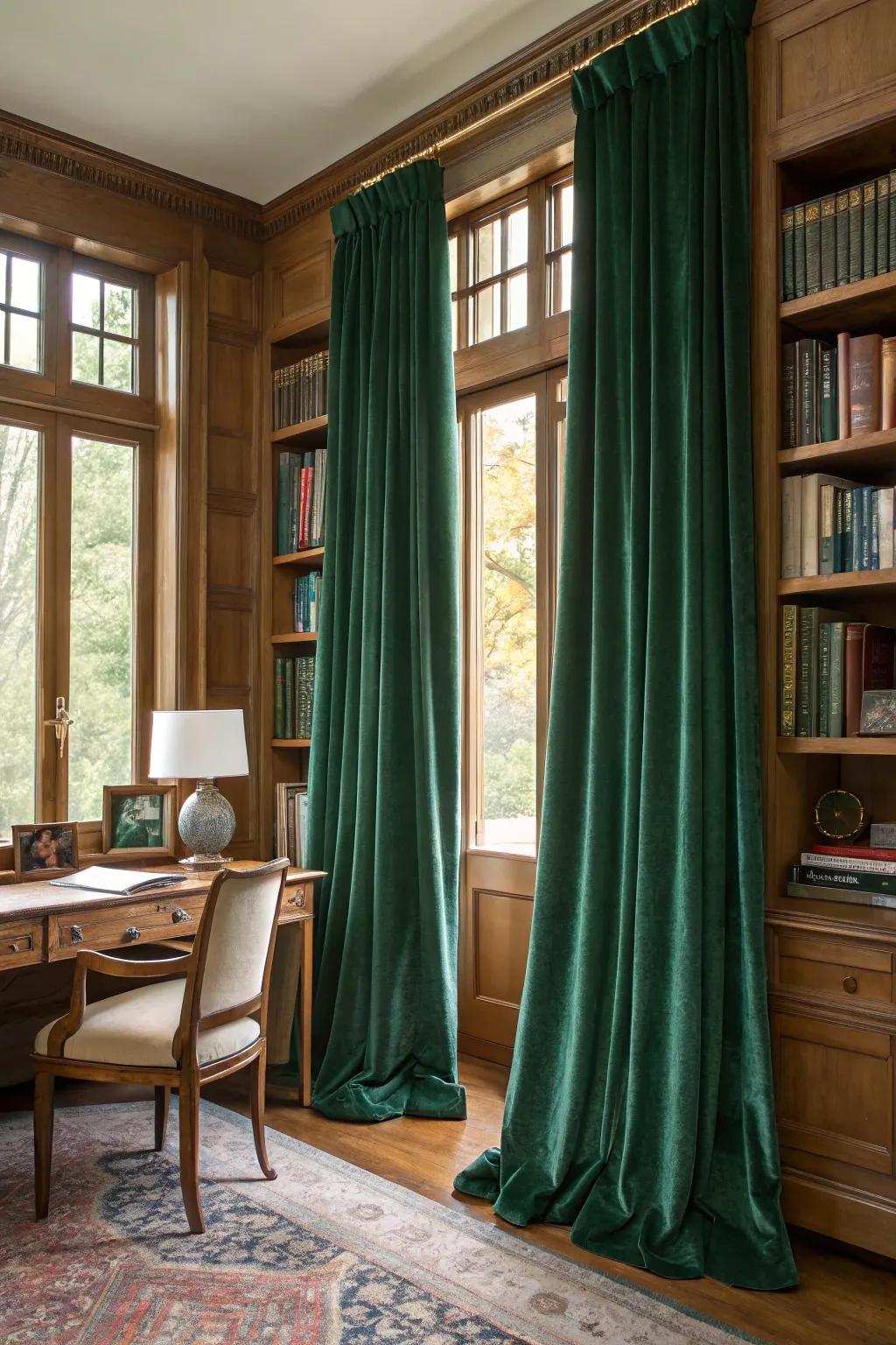 Velvet window coverings radiate sophistication and luxury.