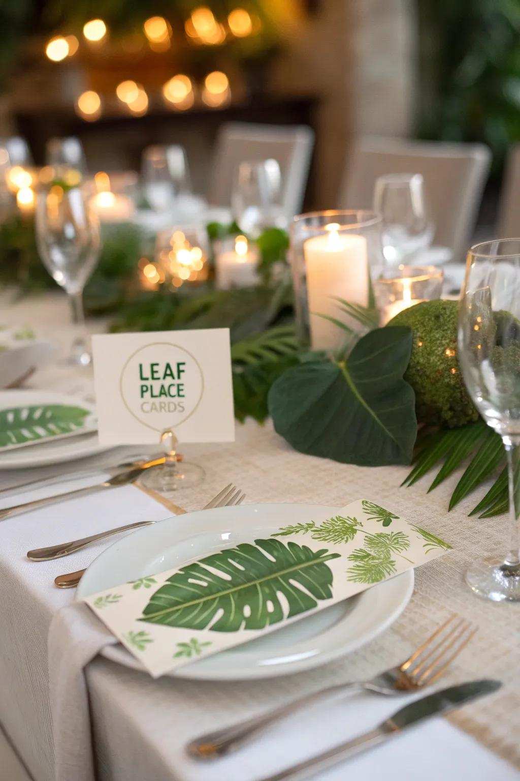 Verdant leaves utilized as personalized location cards.