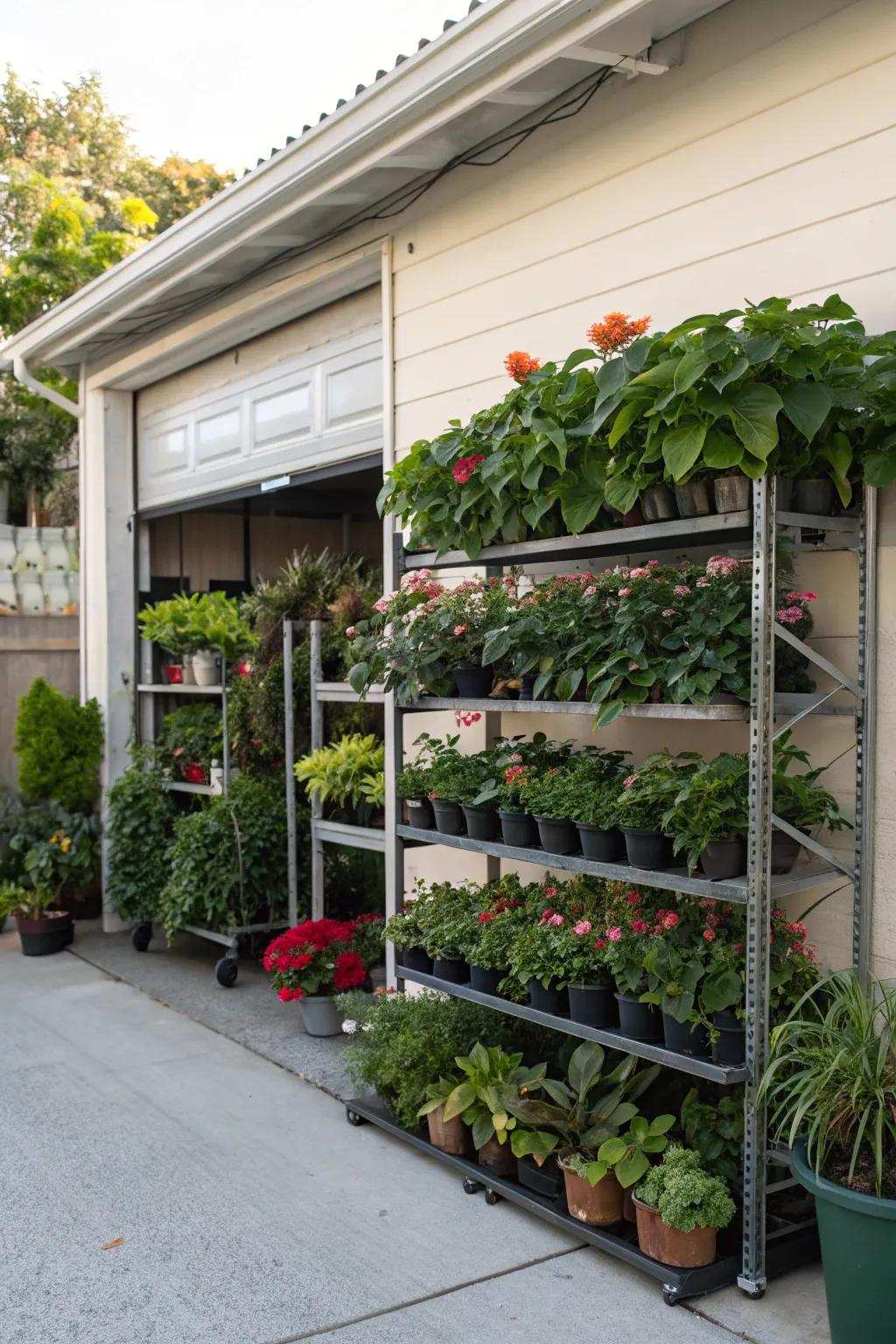 Vertical plant structures intensifying height and dimensionality within the presentation.