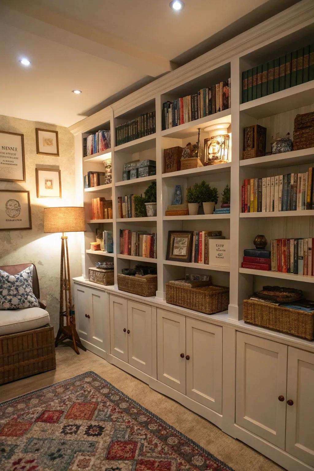 Vertical shelving provides efficient usage of compact areas.