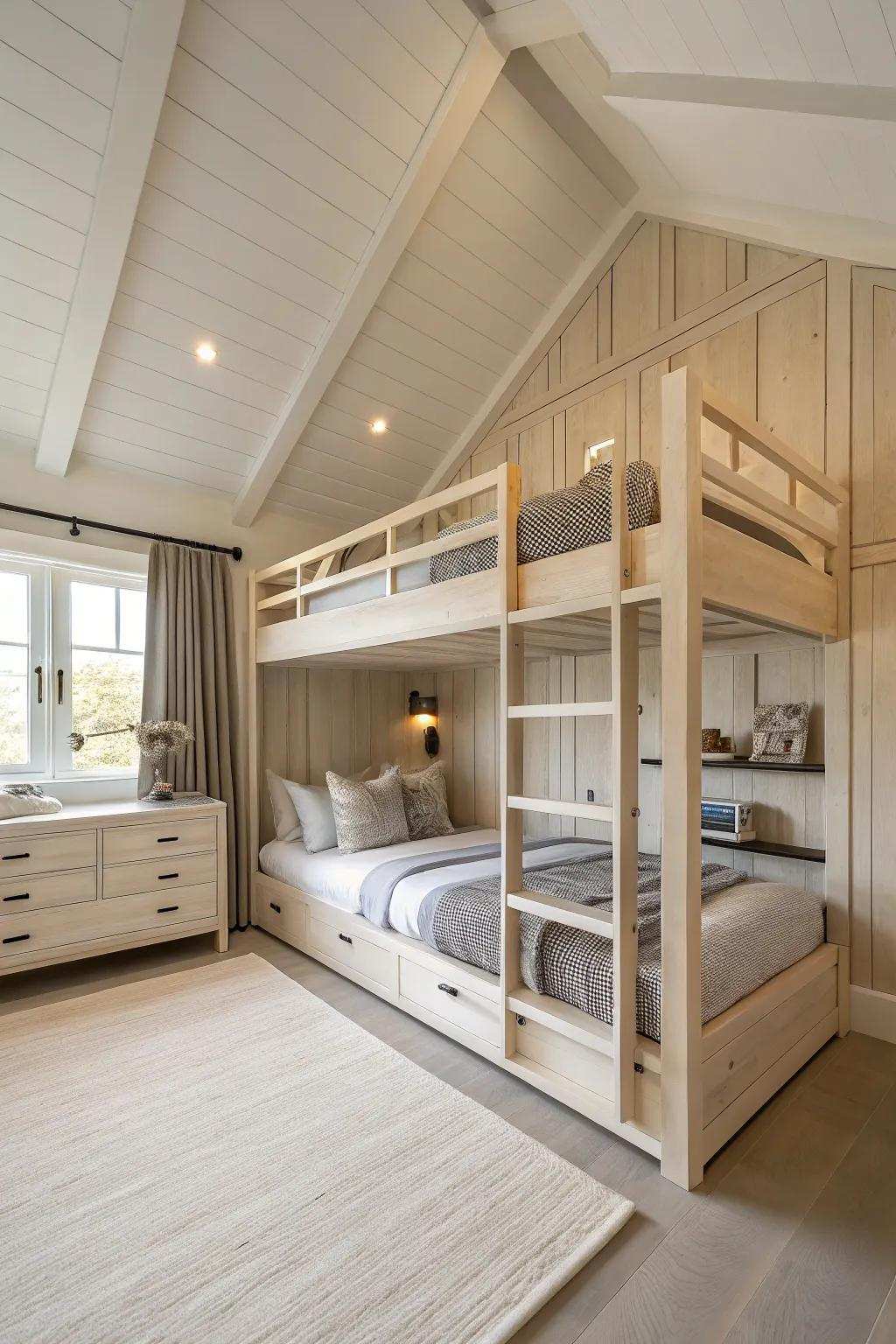 Vertical sophistication is achieved with space-maximizing stacked triple bunk beds.