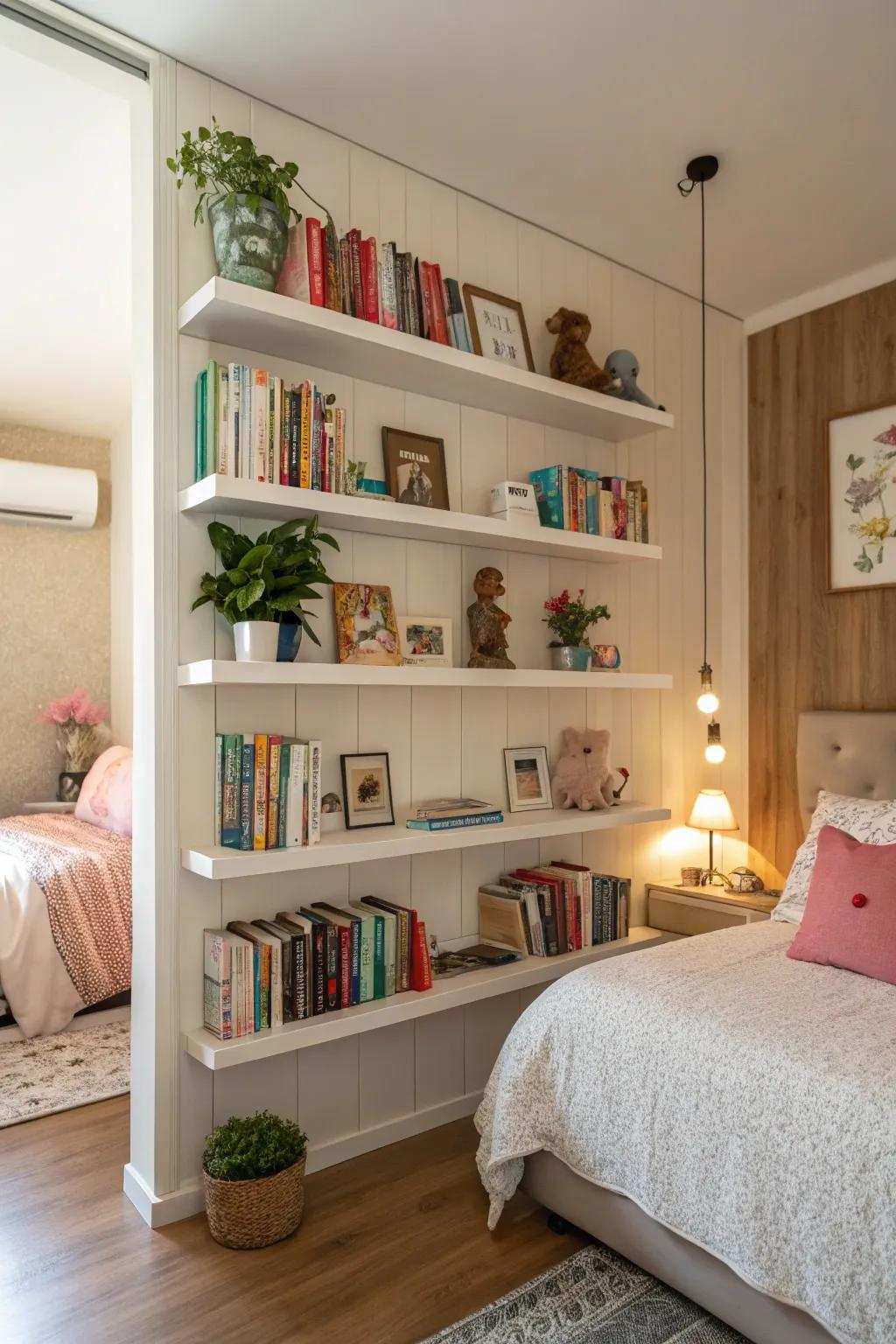 Vertical storage solutions maintain an organized and spacious room.