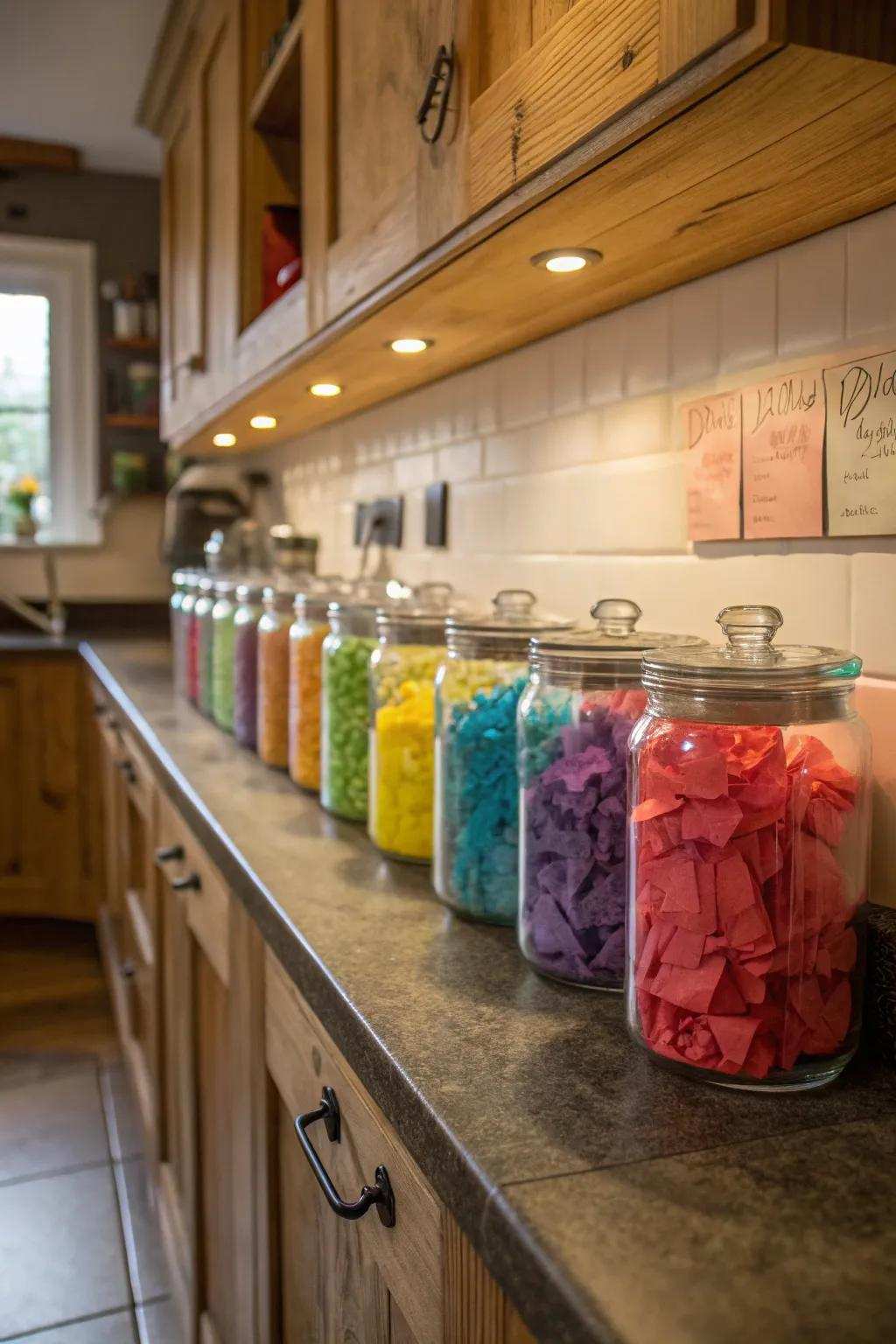 Vials present an ornamental approach for storing reduced tissue paper sheets.