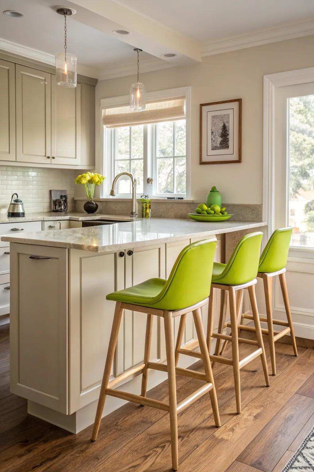 Vibrant green additions lend a cheerful twist to the kitchen.