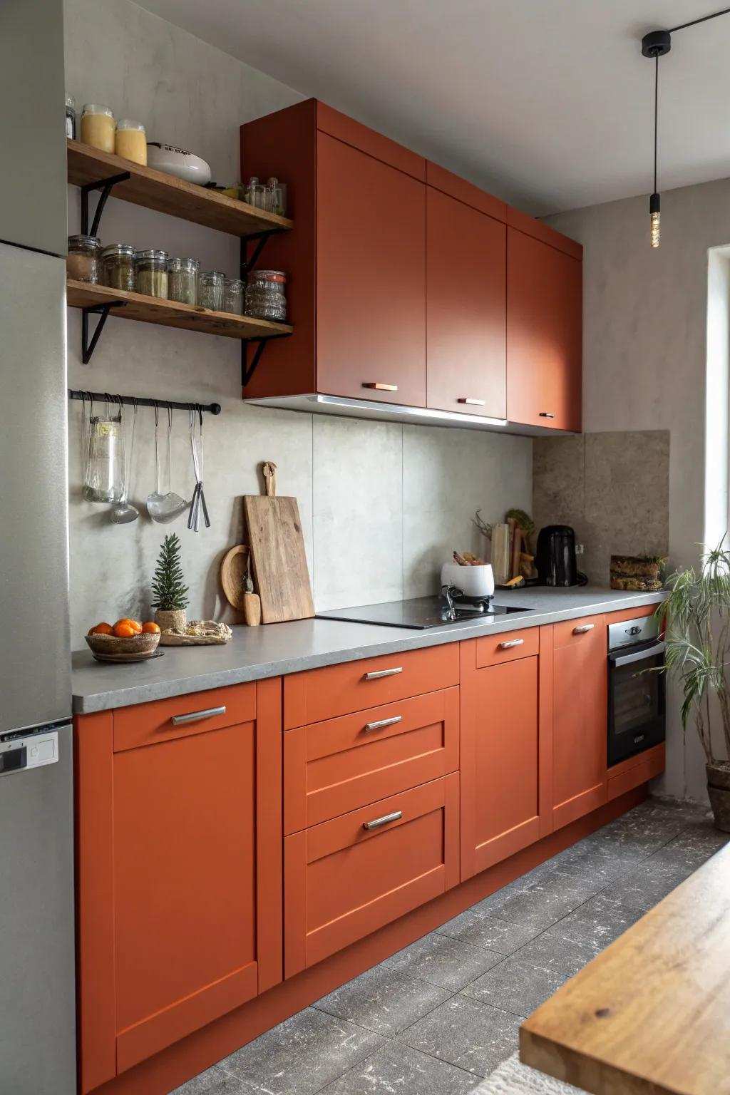 Vibrant tangerine and cloud gray make an energetic kitchen atmosphere.