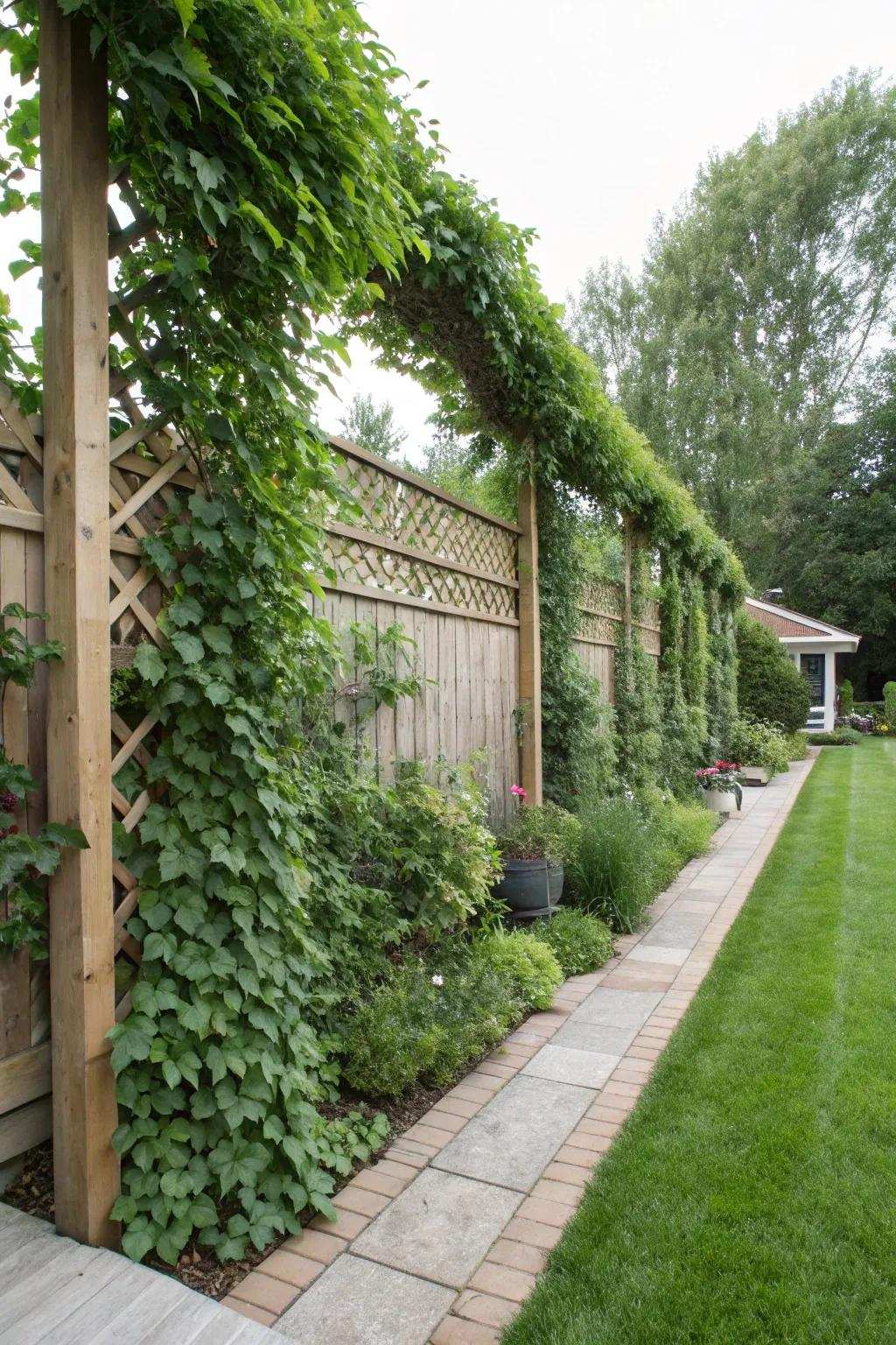 Vines on trellises convert fences into living walls.
