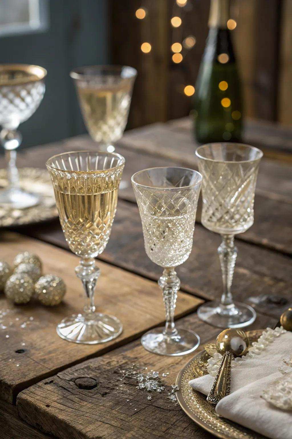Vintage drinkware imbues charm into a sparkling wine toast.