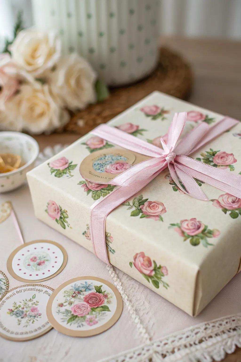 Vintage floral stickers contributing elegance to a gift.