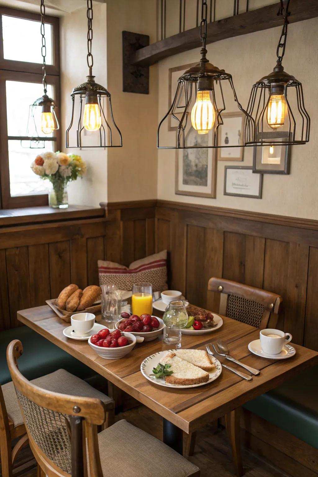 Vintage illumination installations contributing charm to a breakfast nook.