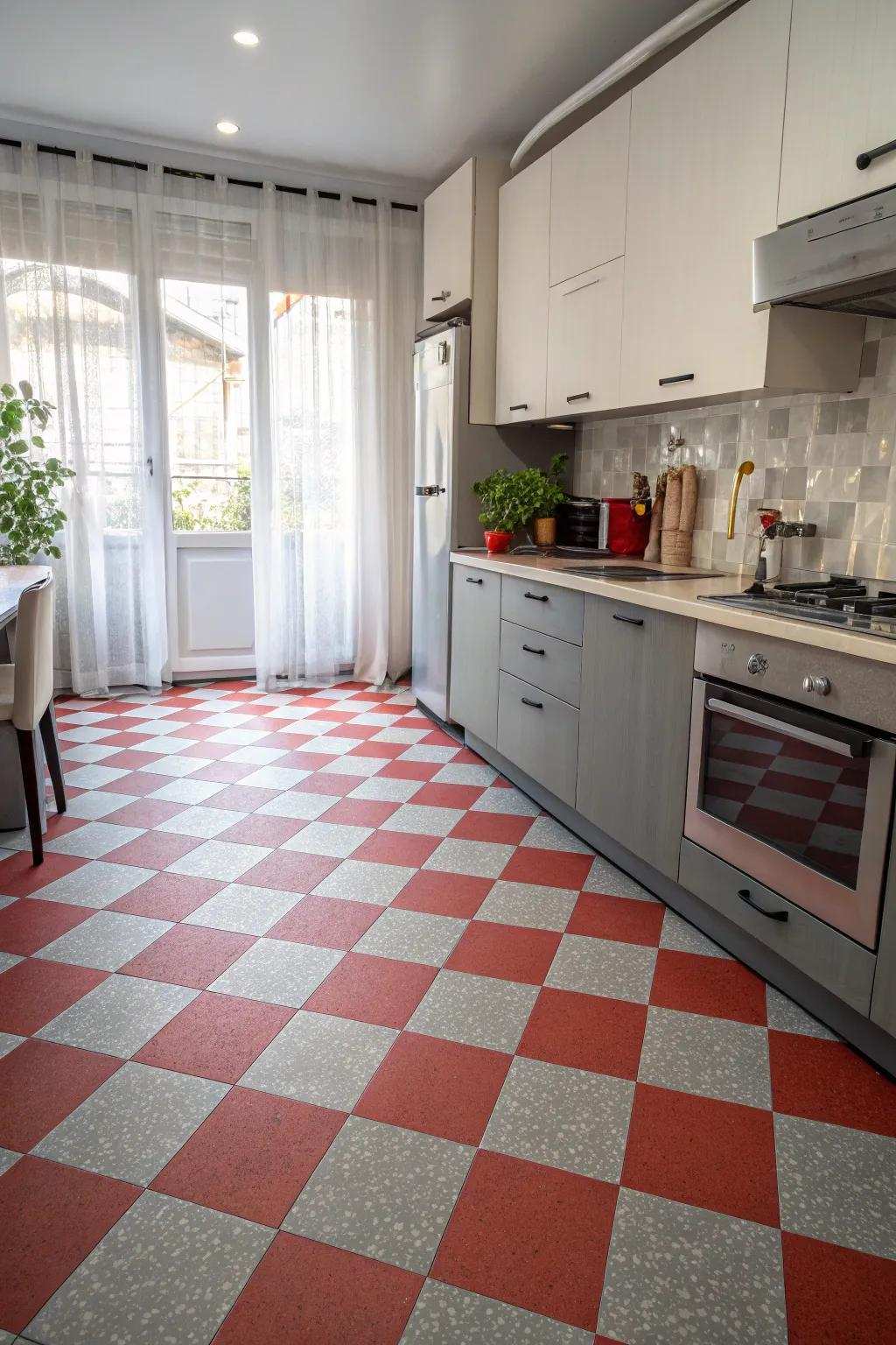Vintage-inspired grey and red stone flooring adds playfulness.