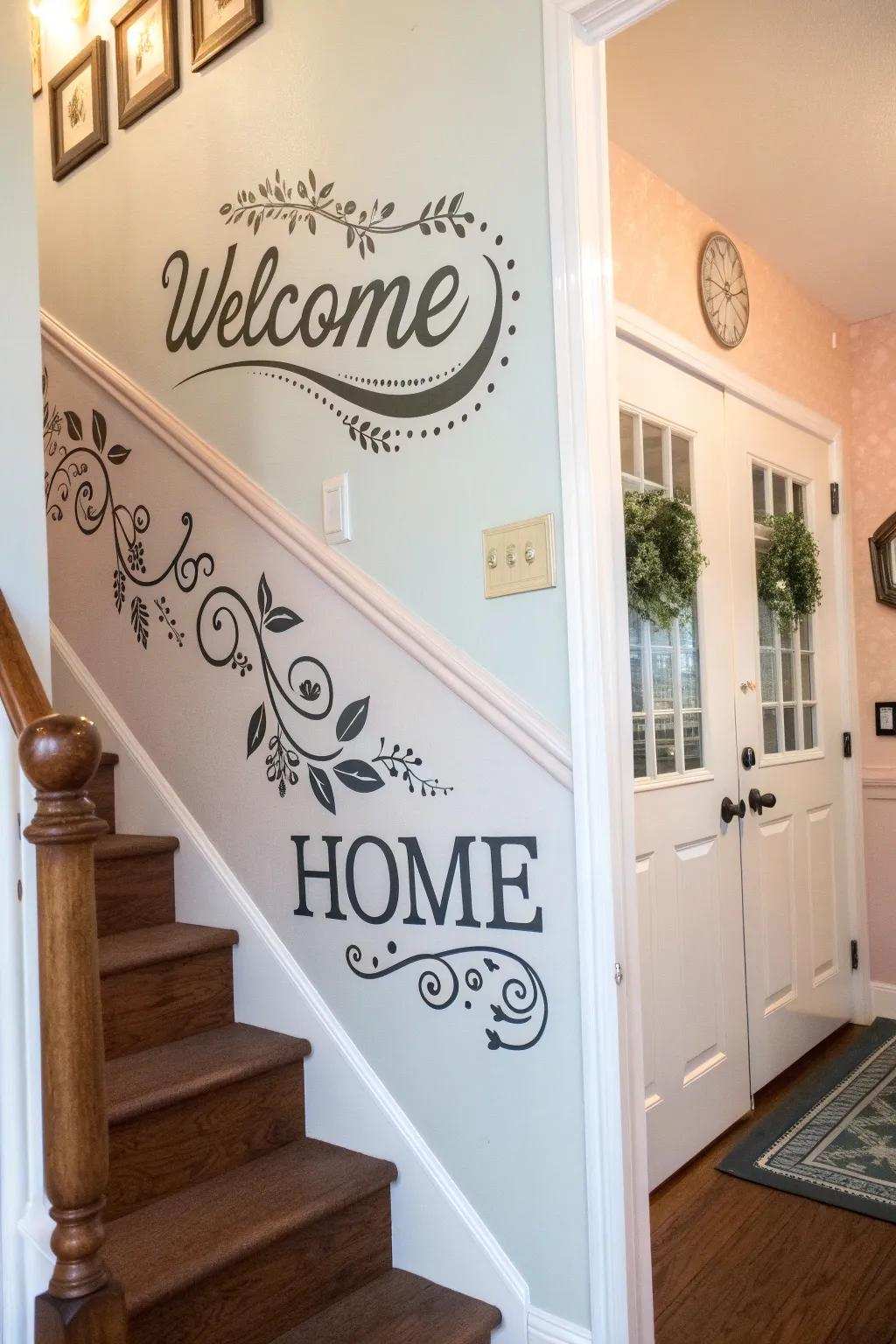 Vintage lettering shaping an inviting welcome in an entryway.