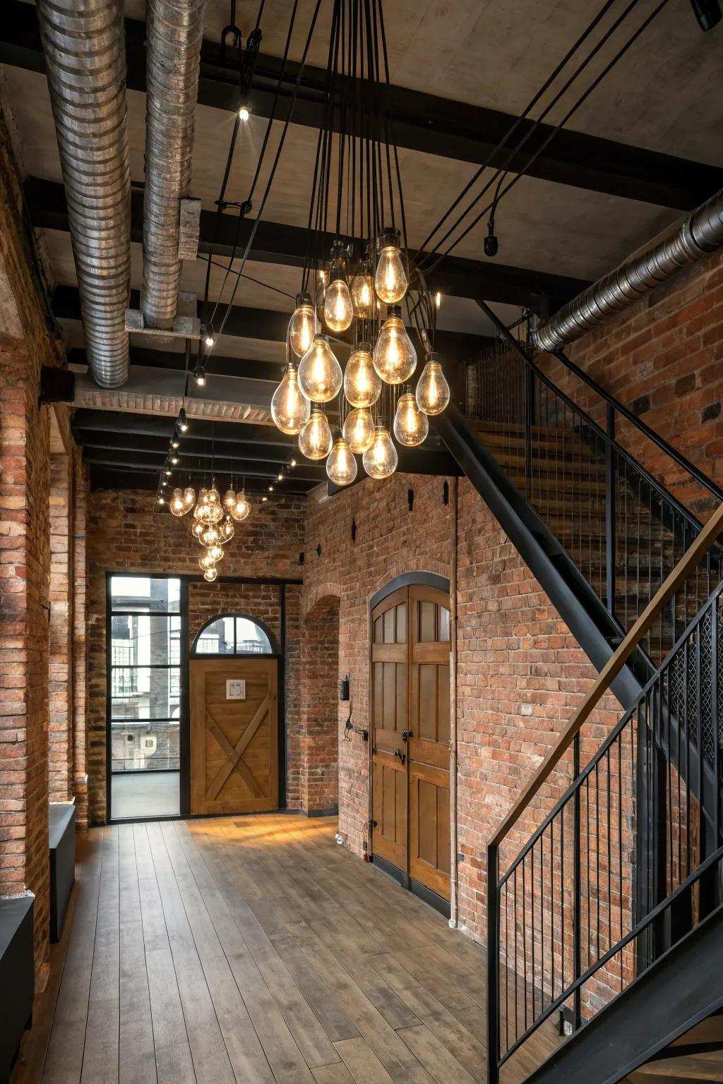 Visible bulbs add an industrial vibe to this comfortable entrance hall.