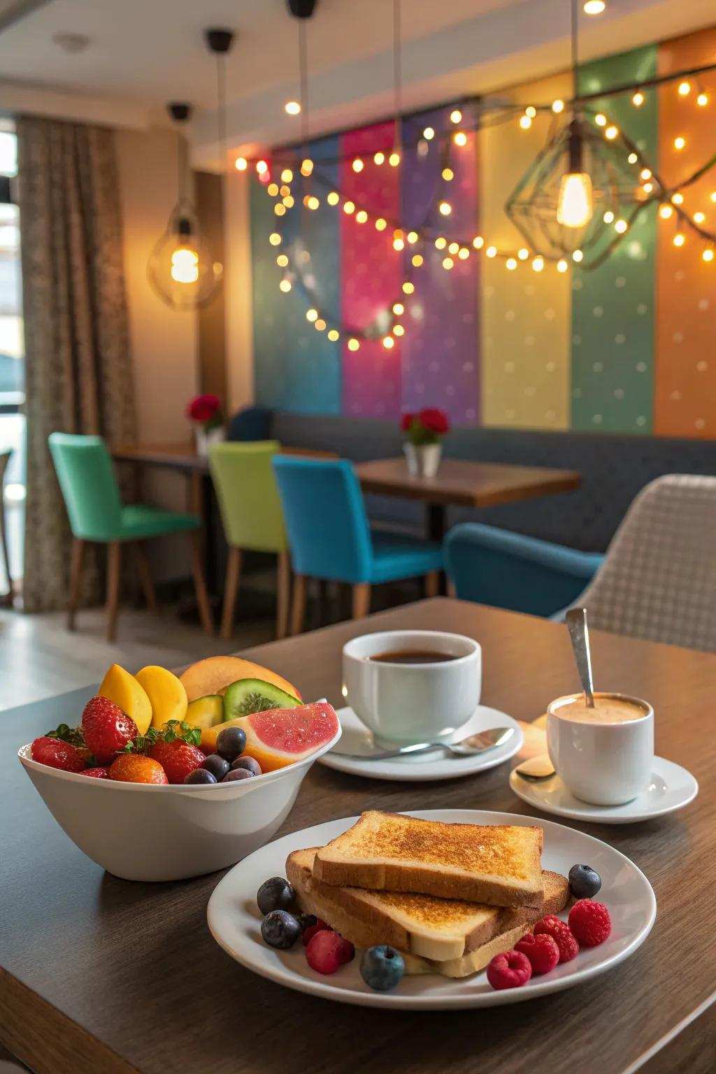 Vivid accent illumination contributing vibrancy to a breakfast area.