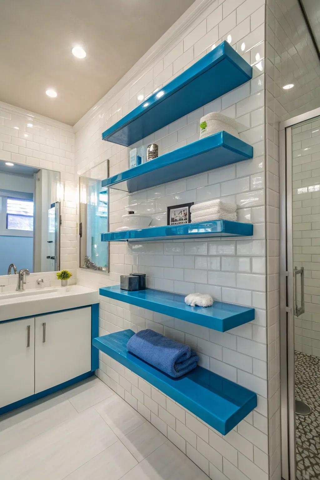 Vivid azure suspended shelves inject style and practicality to this exquisite bathroom.