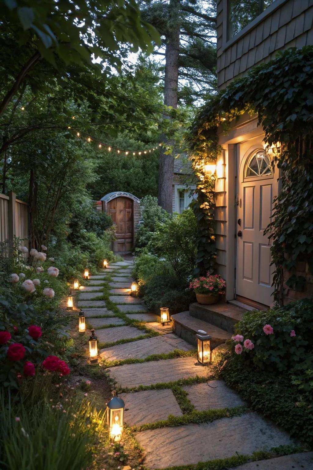 Walkway lights guide and beautify the route to the back door.