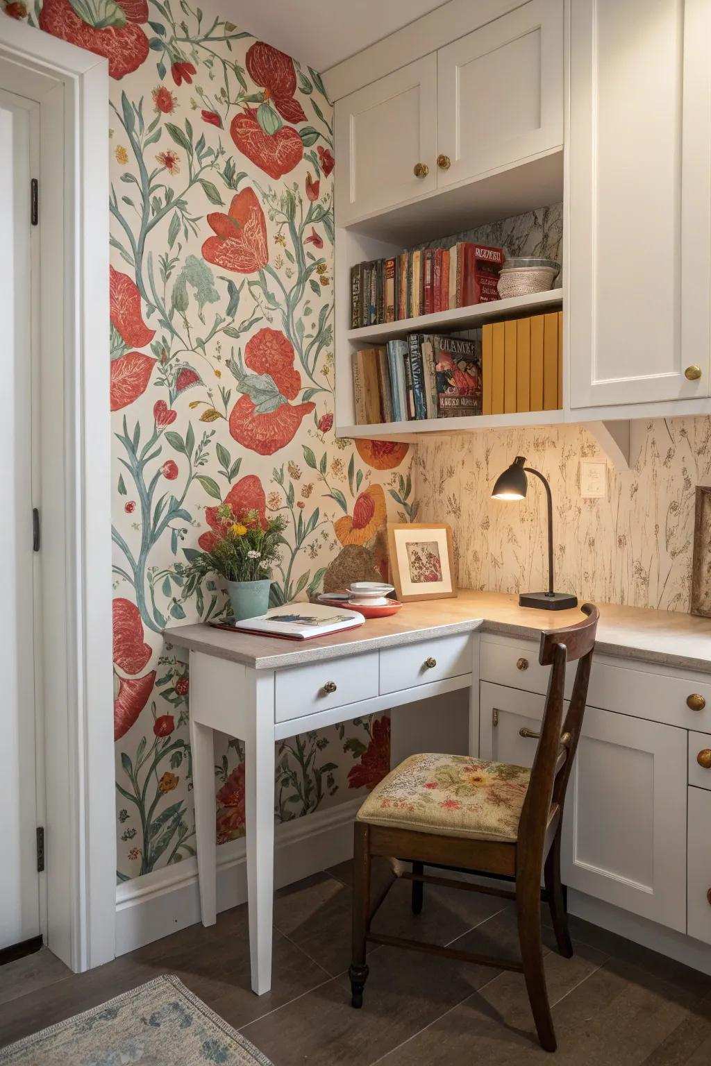 Wall covering creates a distinct and visually appealing workspace.