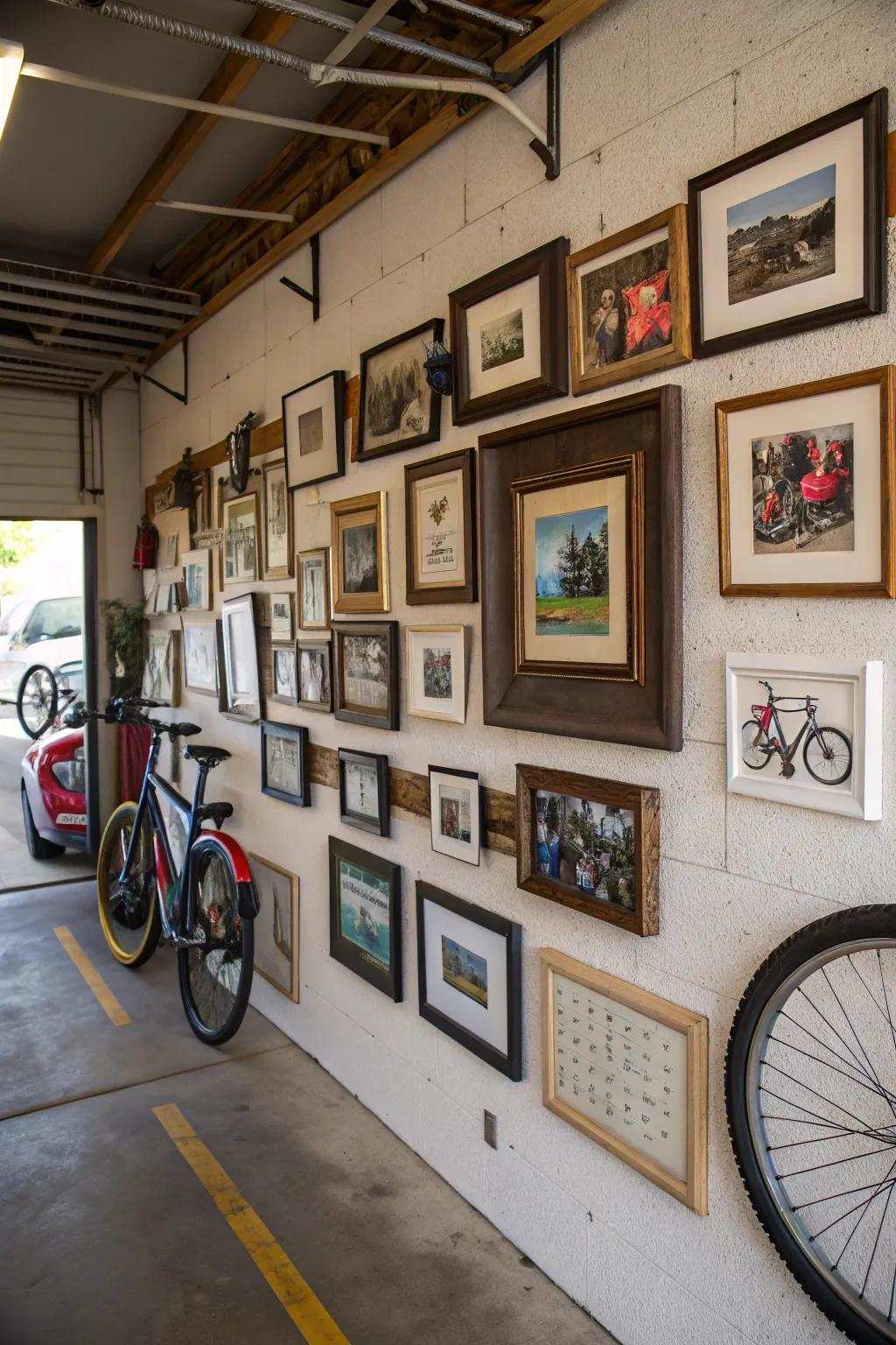 Wall décor personalizes and elevates garage aesthetics.