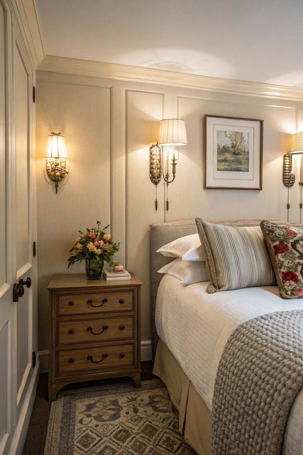 Wall lights add elegance and save space in small bedrooms.
