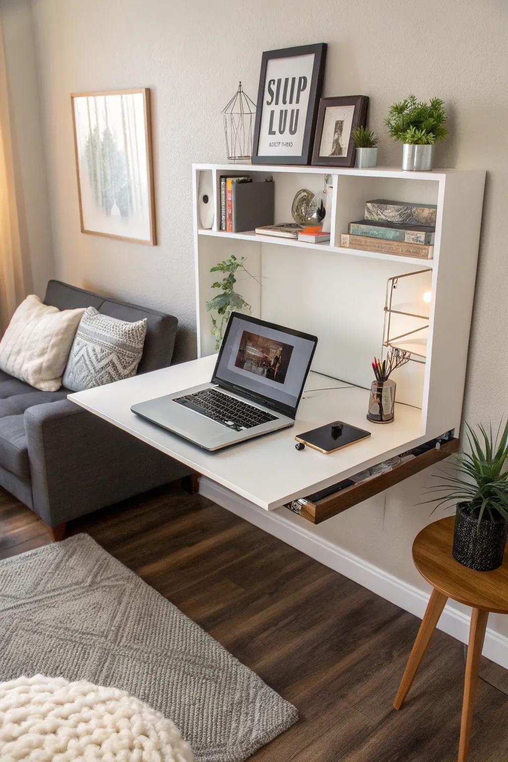 Wall-mounted desks help save critical floor area.