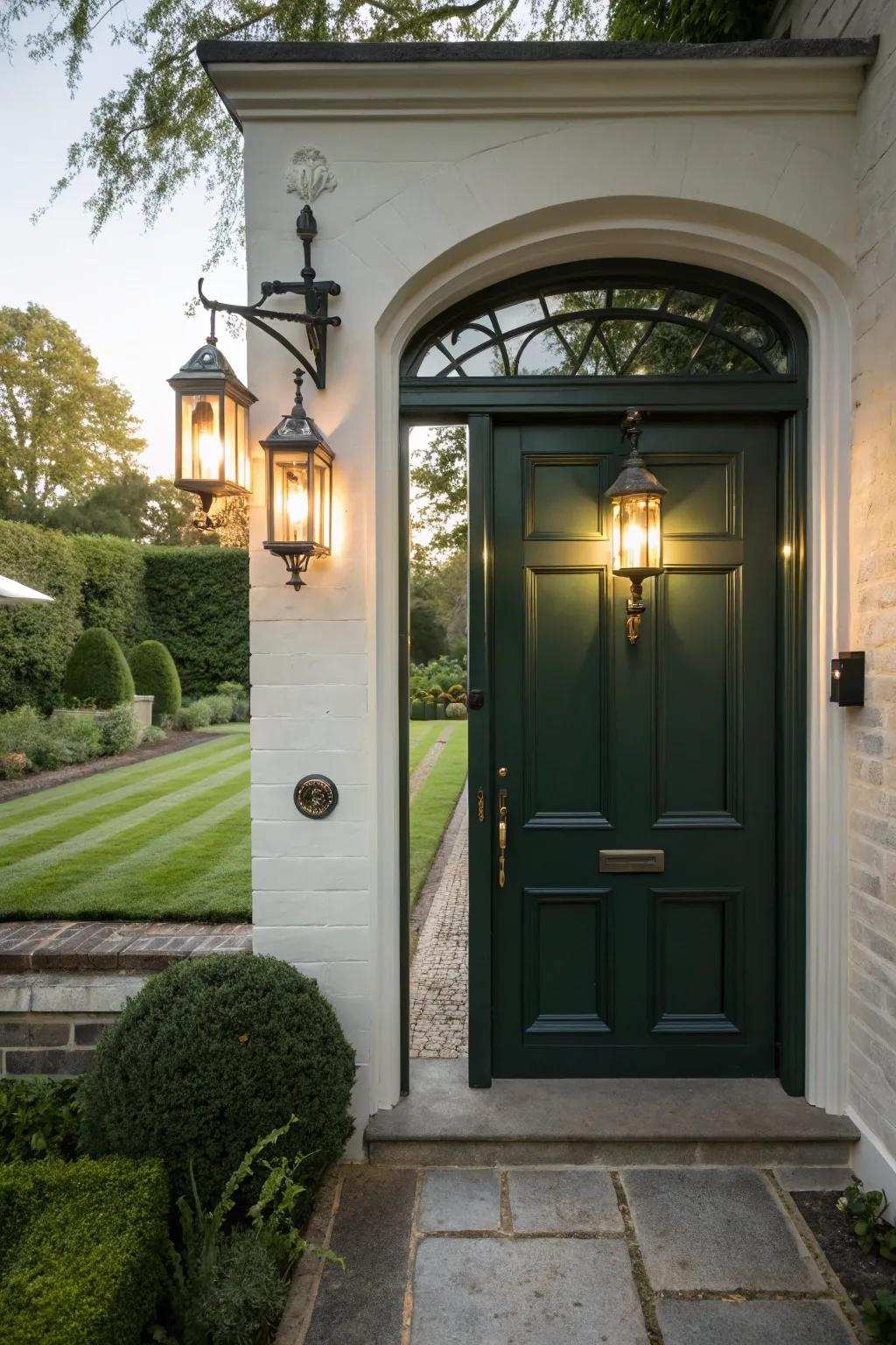 Wall-mounted lanterns cast light on the entrance, infusing warmth and flair.