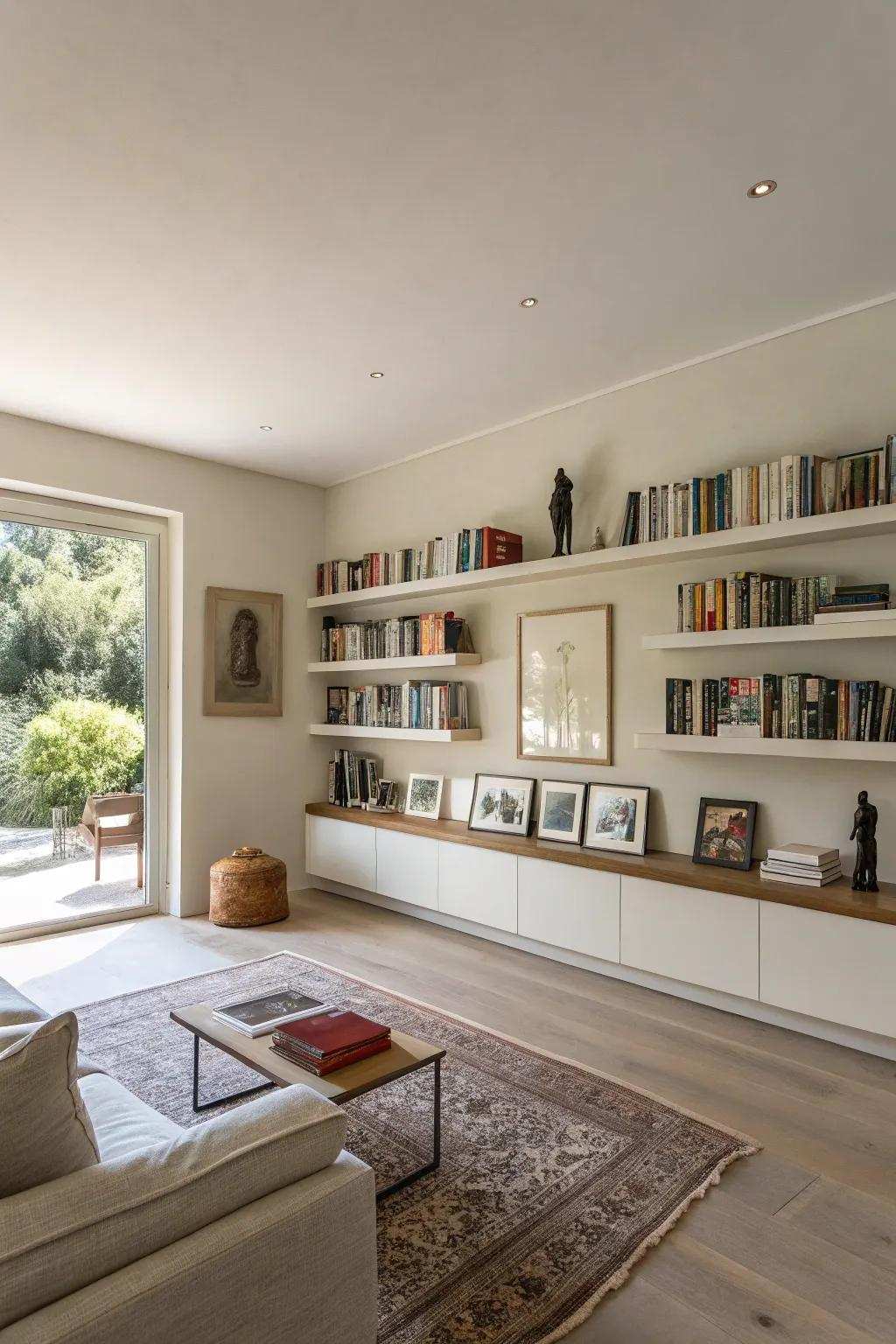 Wall-mounted shelves deliver a subtle and airy aesthetic.