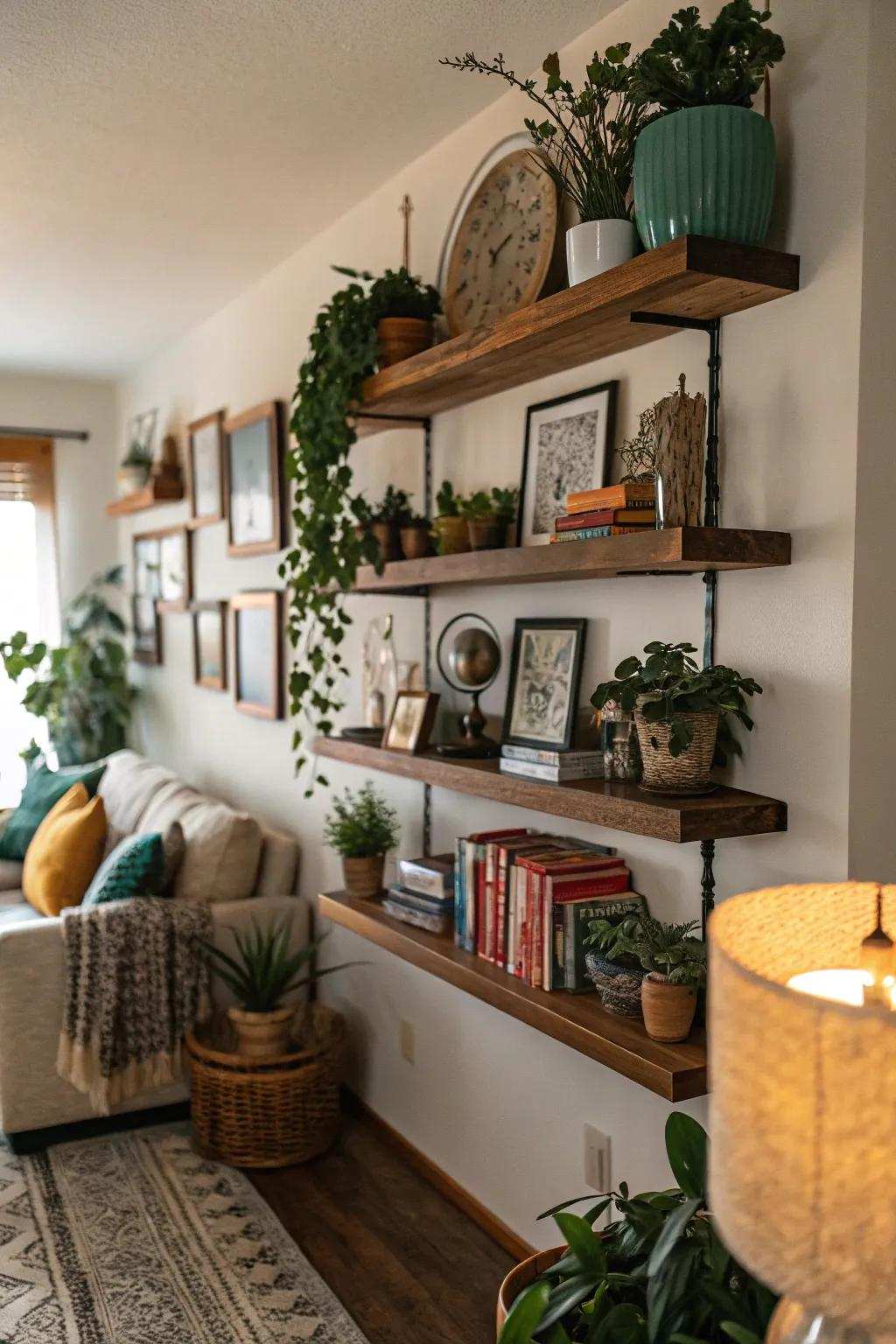 Wall-mounted shelves exquisitely arranged with literature and flora.