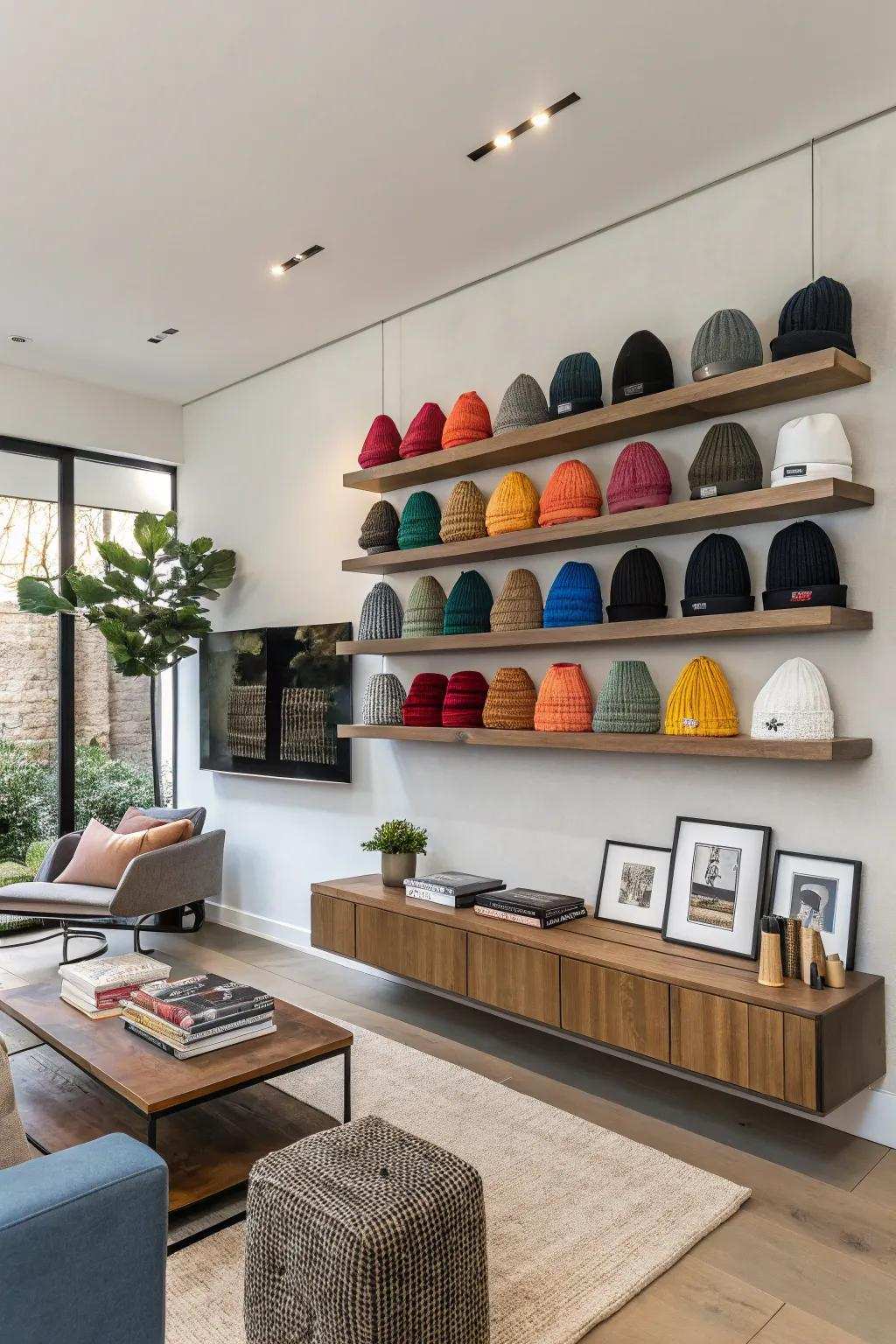Wall-mounted shelves transform your head huggers into a dynamic wall display.
