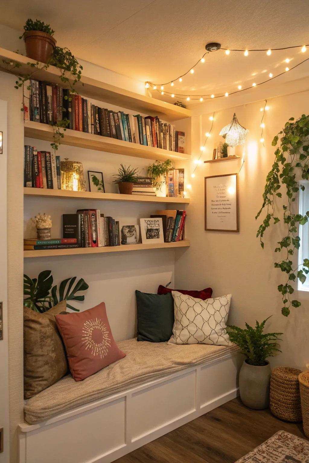 Wall-mounted shelving creating an attractive and fashionable reading corner
