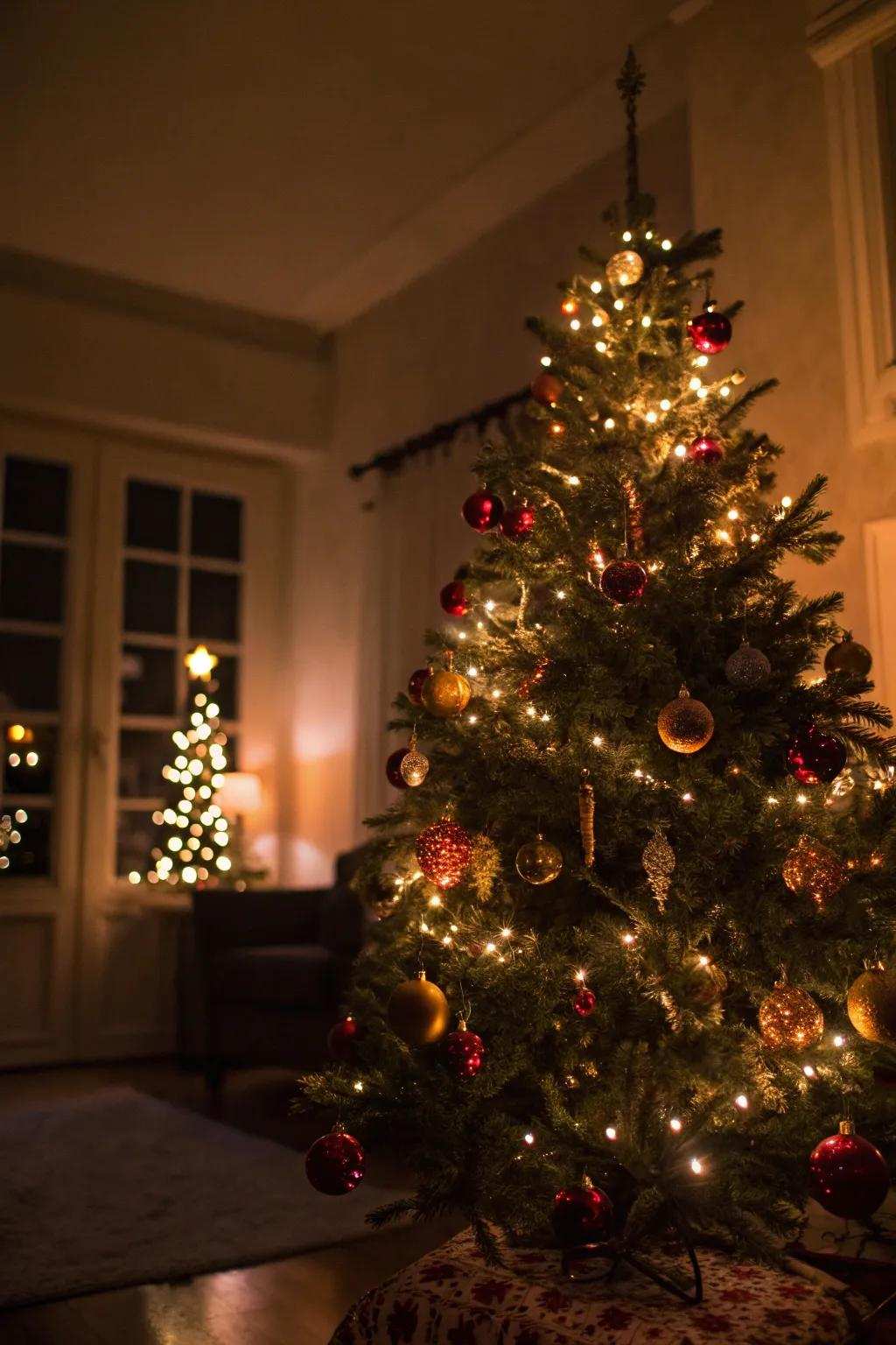 Warm lights add a cozy glow to this vintage-inspired tree.