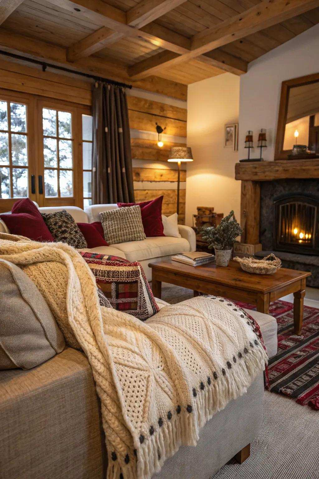 Warm up with textiles that add mountain lodge charm.
