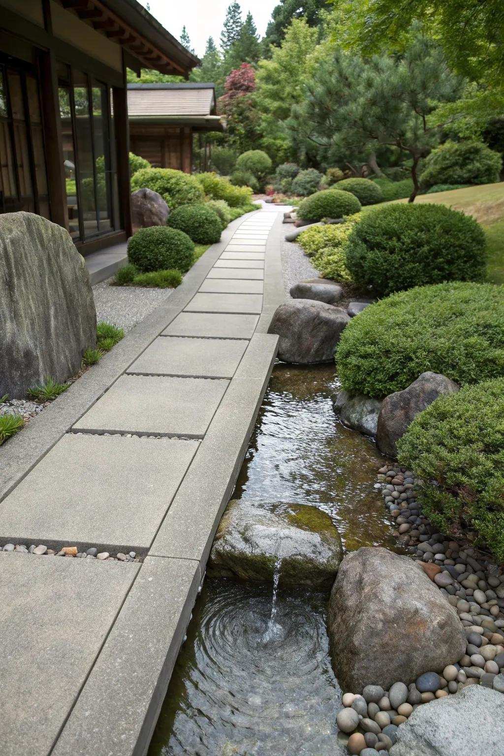 Water features add tranquility to concrete walkways.
