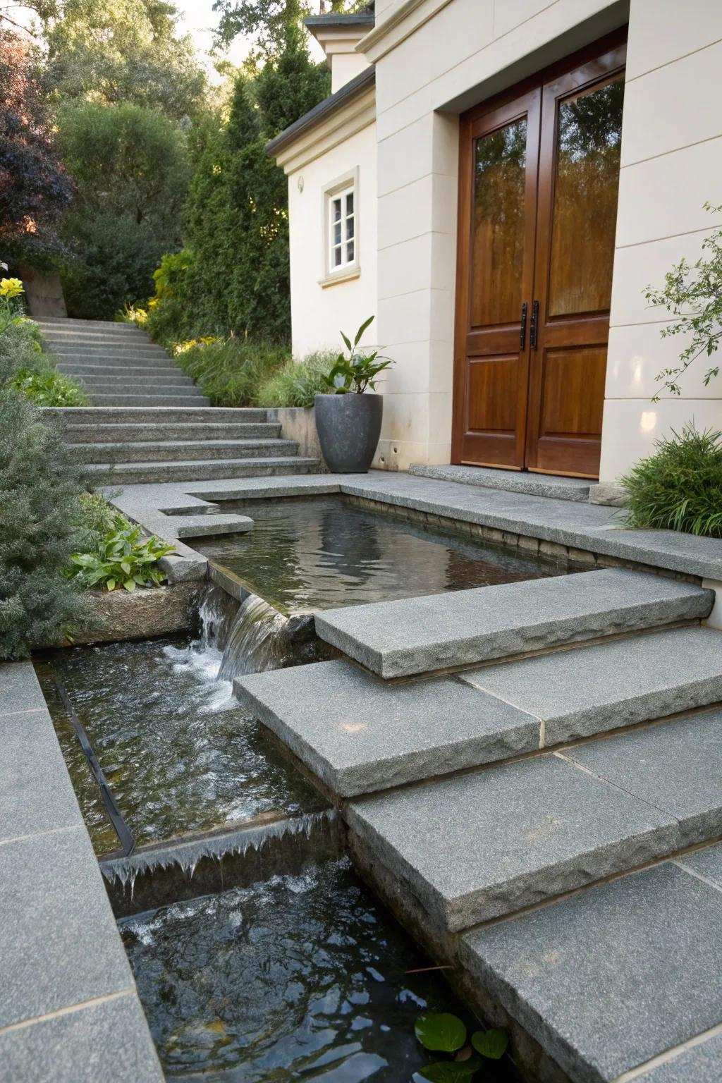 Water features add tranquility to stone steps.