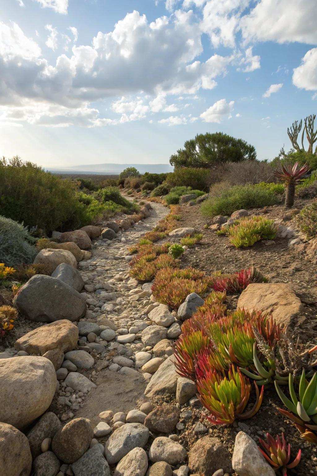Waterless streambeds add flow to drought-resistant gardens.