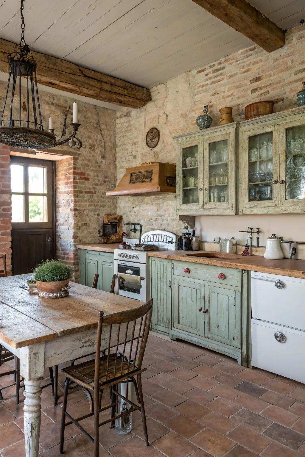 Weathered finishes contribute depth and coziness to a farmhouse-themed kitchen.