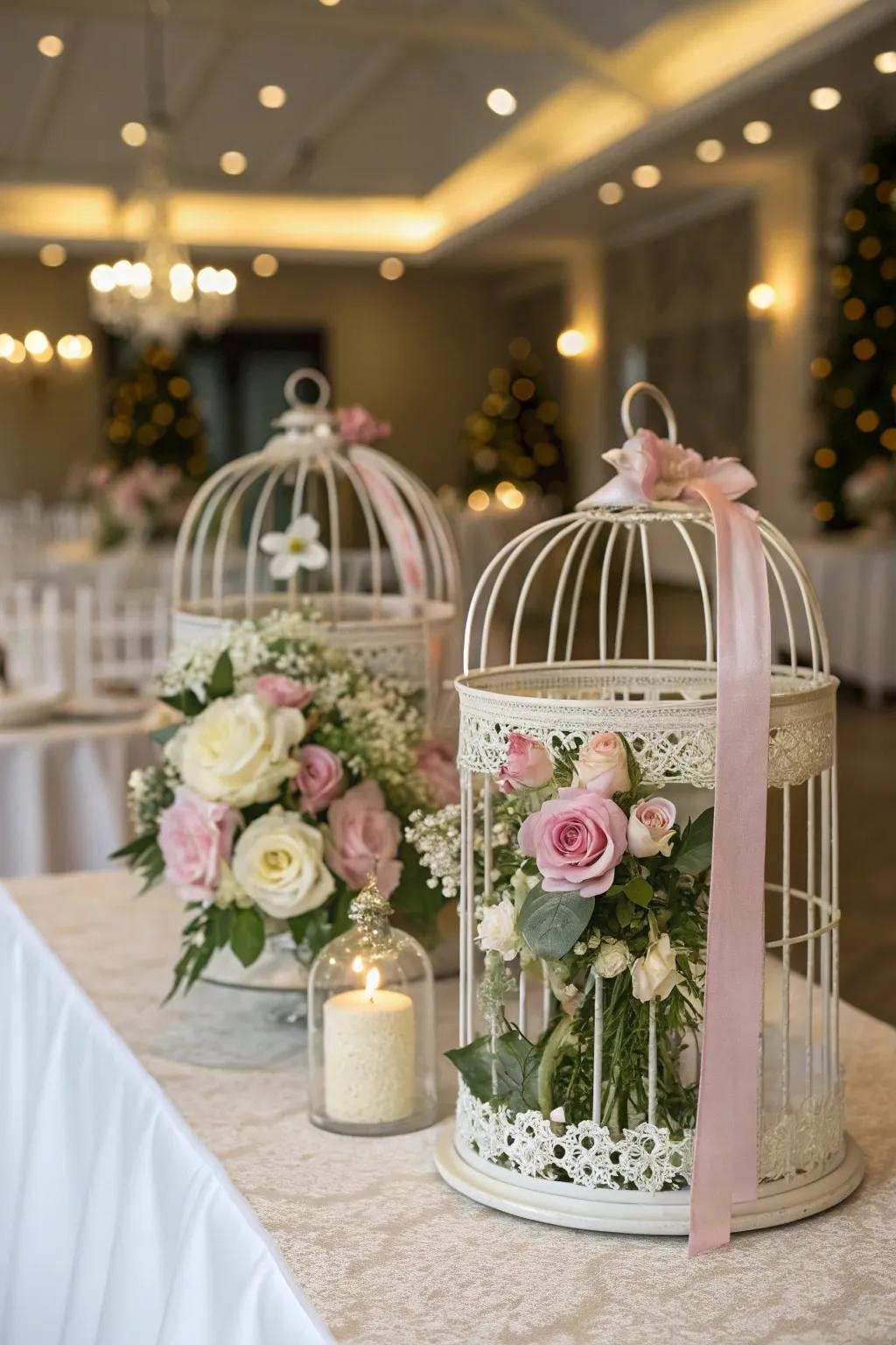 Wedding focal points featuring ornamental birdhouses brimming with flowers.