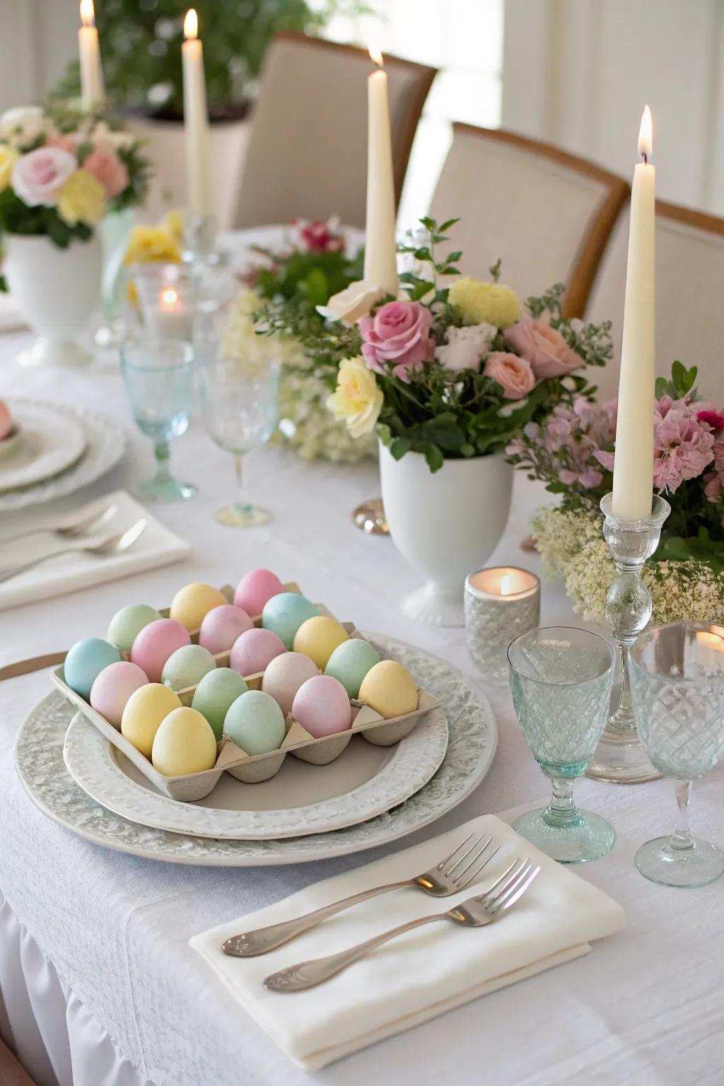 Wedding table decorated with Easter eggs as part of the focal point.