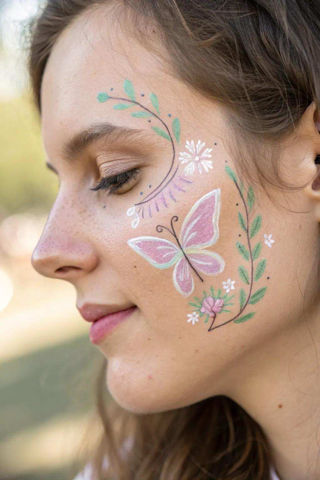 Welcome spring using this stylish butterfly face art decorated with floral highlights. A flawless combination of minimalist charm and bohemian vibe.