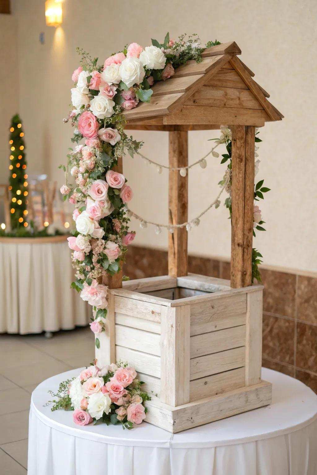 Welcome the enchantment of a fable wedding with this captivating wishing fountain card box, where aspirations and best wishes materialize.