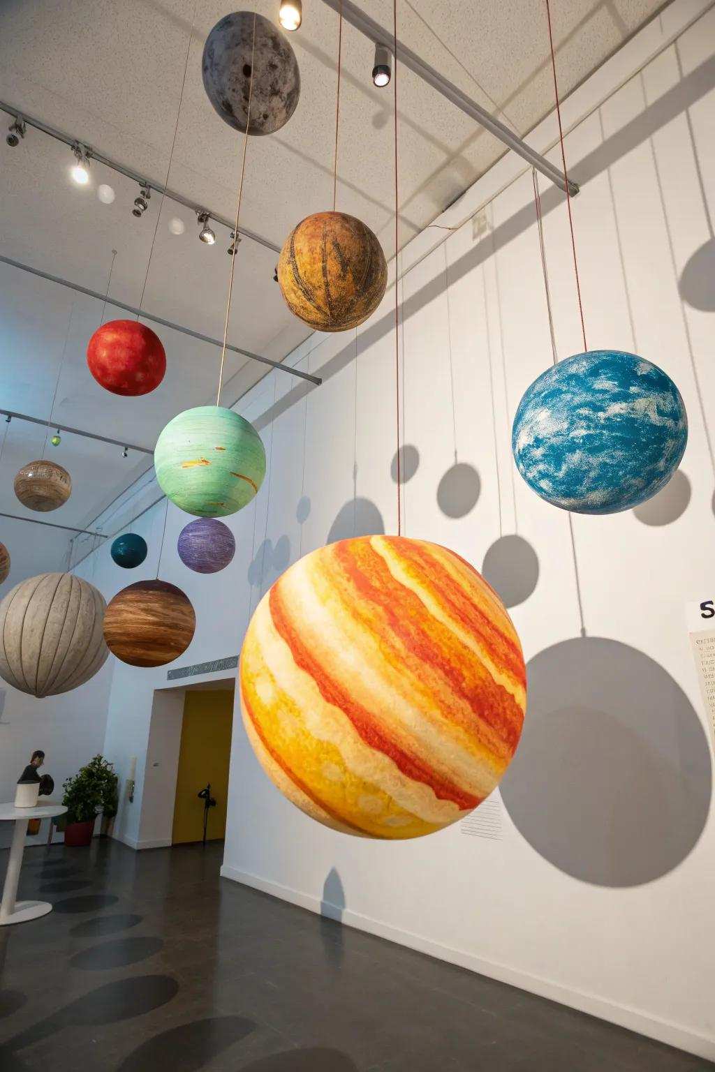 Welcome the orbiting system inside using hanging models of orbiting bodies.