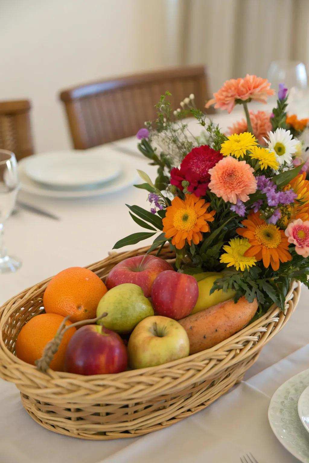 Welcoming and cozy using a basket centerpiece base.