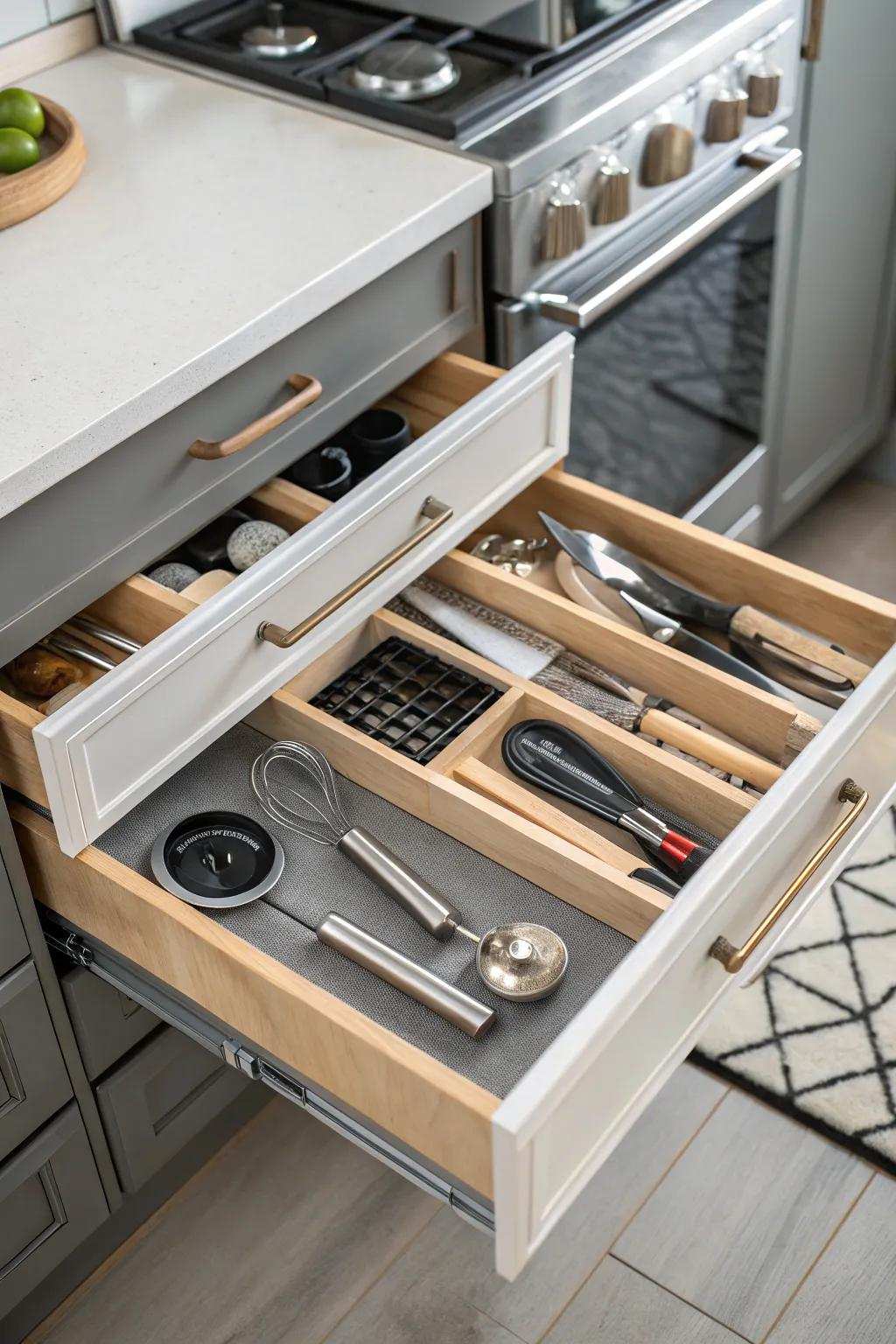 Well-organized pull-out drawers in a contemporary kitchen.
