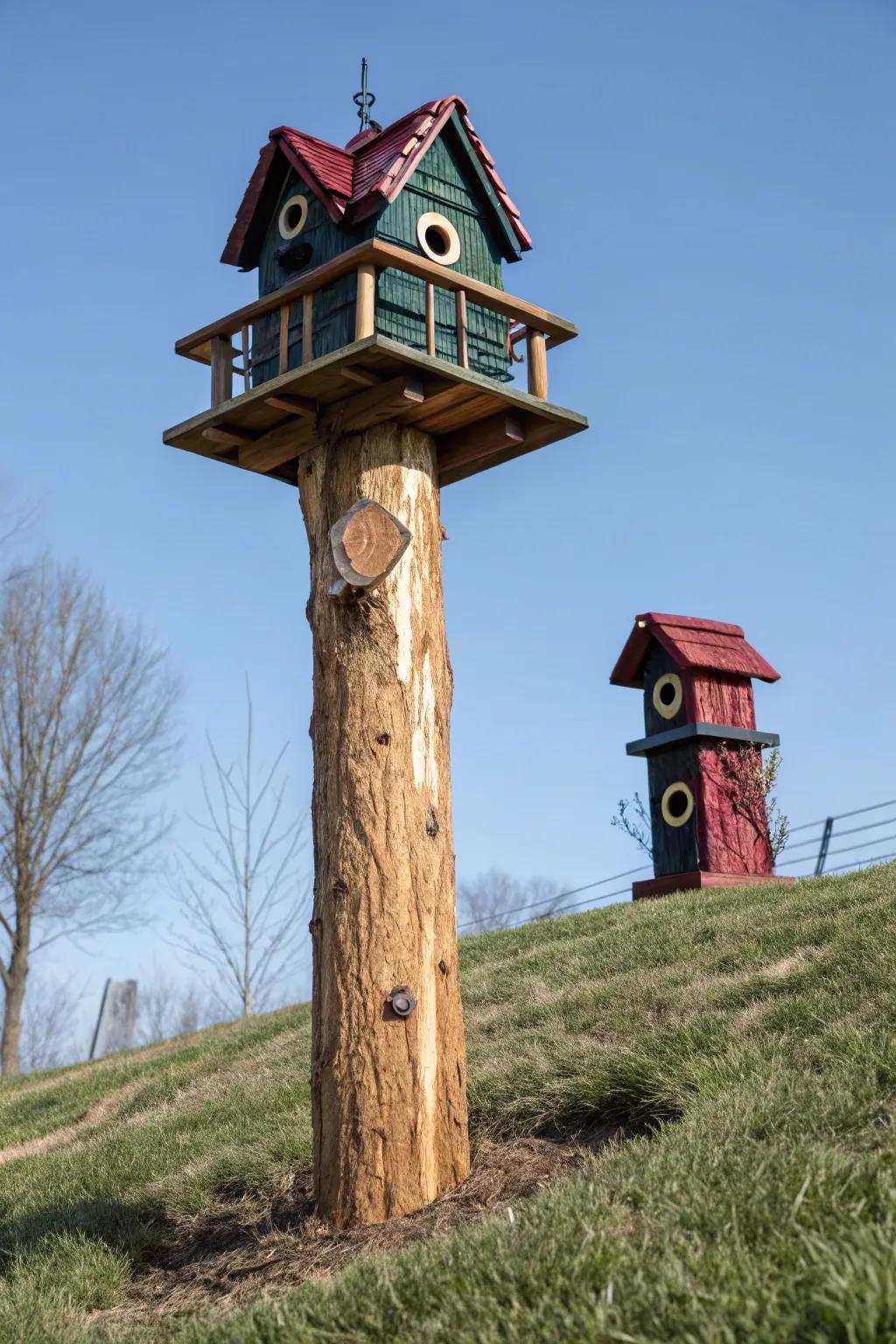 Where craftsmanship encounters nature: A remarkable bird-feeding column accompanied by a nest box.