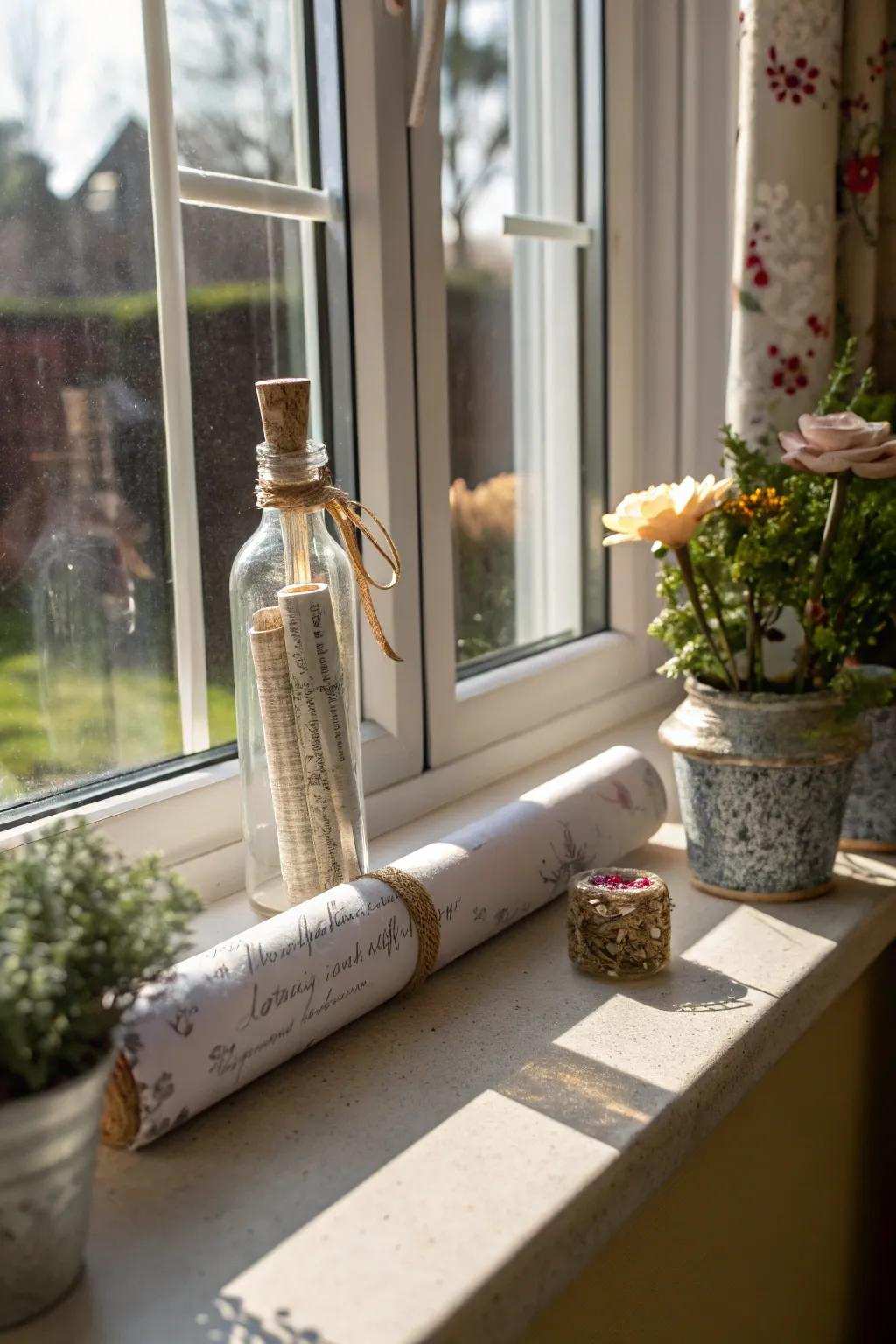 Whimsical commitments in a bottle capturing sunlight on a window ledge.