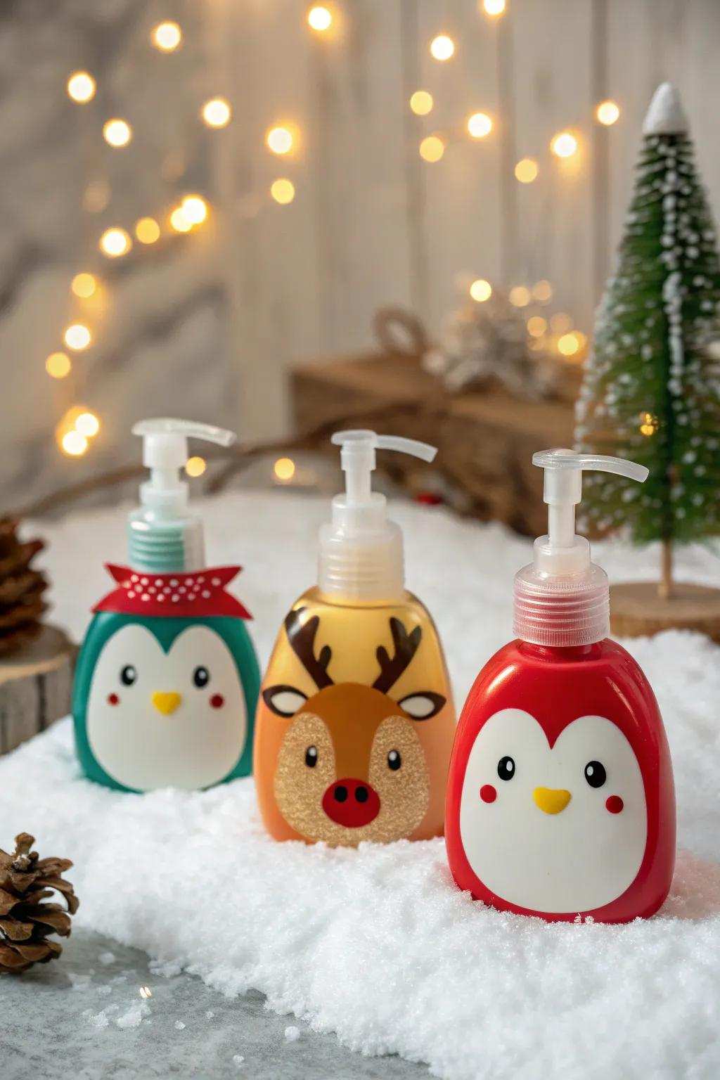 Whimsical creature-shaped hand cleanser containers for holiday fun