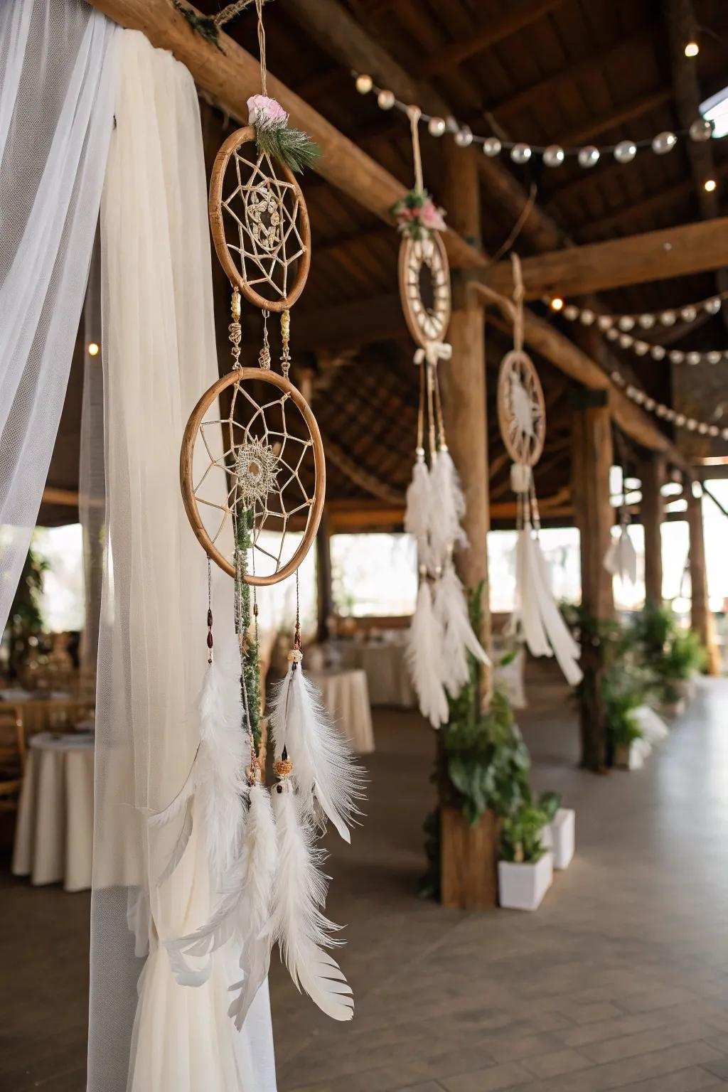 Whimsical handmade celestial catchers introduce charm to the wedding location.