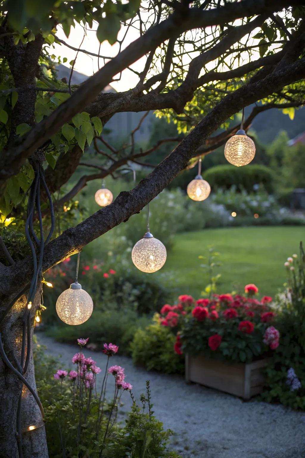 Whimsical suspended solar globes illuminate your garden.