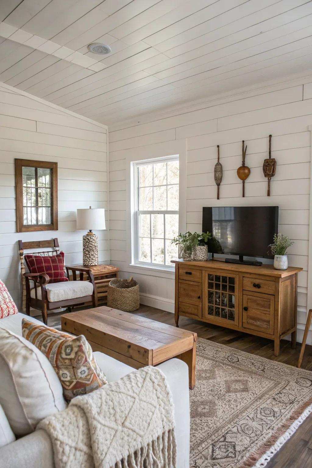 White overlap board walls provide countryside charm and warmth.